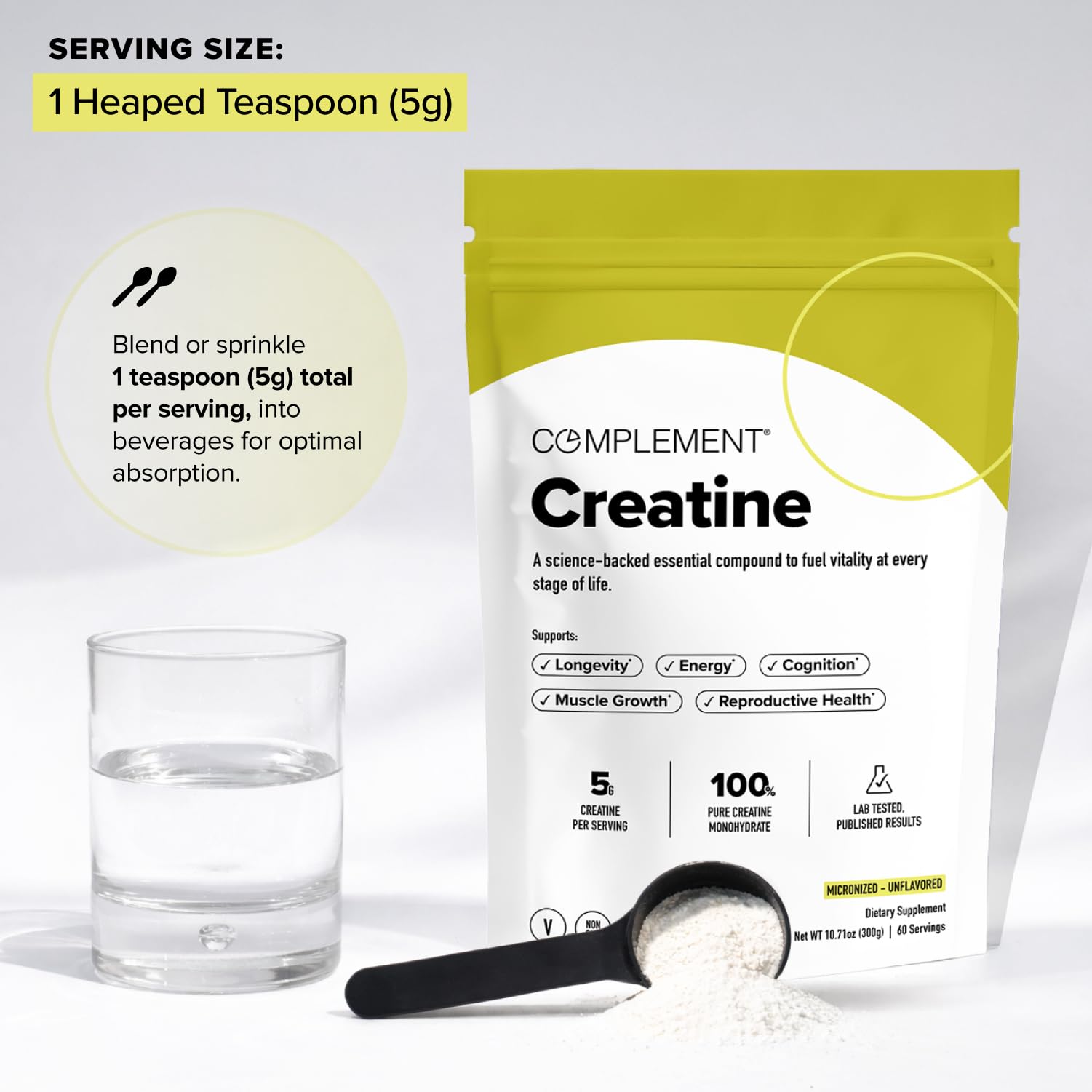 Complement Creatine Monohydrate Micronized Powder for Women and Men (5g, 60 Servings) Pre Workout, Post Workout, Muscle Recovery, Brain Health, Longevity- Vegan, Unflavored Complement buy supplements canada
