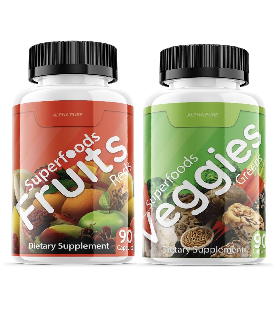 Alpha Pure Superfoods Reds Fruits and Greens 180 Capsules Vegetables Fruits and Veggies Superfood | Natural Balance of 90 Fruit Capsules, 90 Veggie Capsules for Men, Women Vitamins and Minerals Alpha Pure buy supplements canada