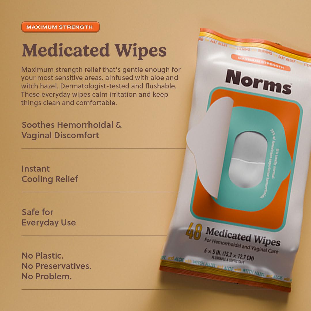 Norms Medicated Hemorrhoid Wipes with Witch Hazel and Aloe, Soothing Flushable Wipes for Itching, Burning & Swelling Relief, Hypoallergenic & Fragrance Free - 48ct (Pack of 1) Norms buy supplements canada