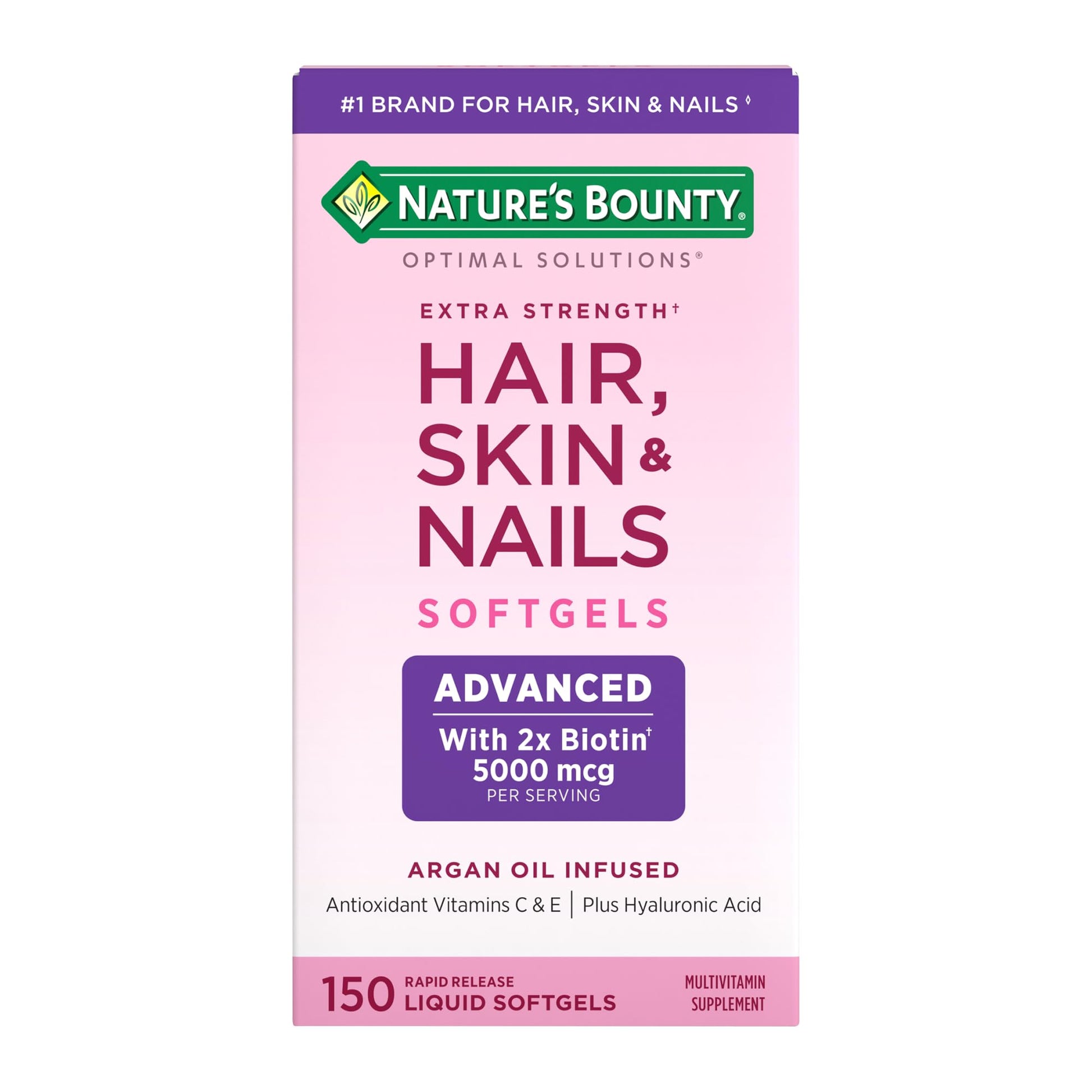 Nature's Bounty Advanced Hair, Skin & Nails, Argan-Infused Vitamin Supplement with Biotin and Hyaluronic Acid, 150 Rapid Release Softgels, 50 Total Servings Nature's Bounty buy supplements canada