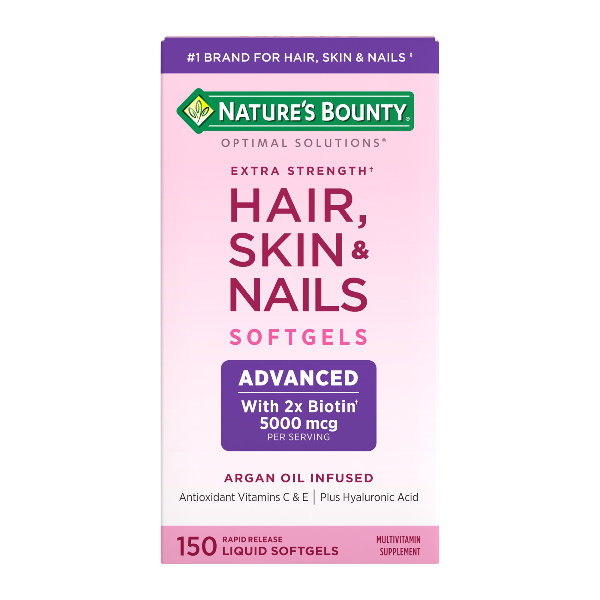 Nature's Bounty Advanced Hair, Skin & Nails, Argan-Infused Vitamin Supplement with Biotin and Hyaluronic Acid, 150 Rapid Release Softgels, 50 Total Servings Nature's Bounty buy supplements canada