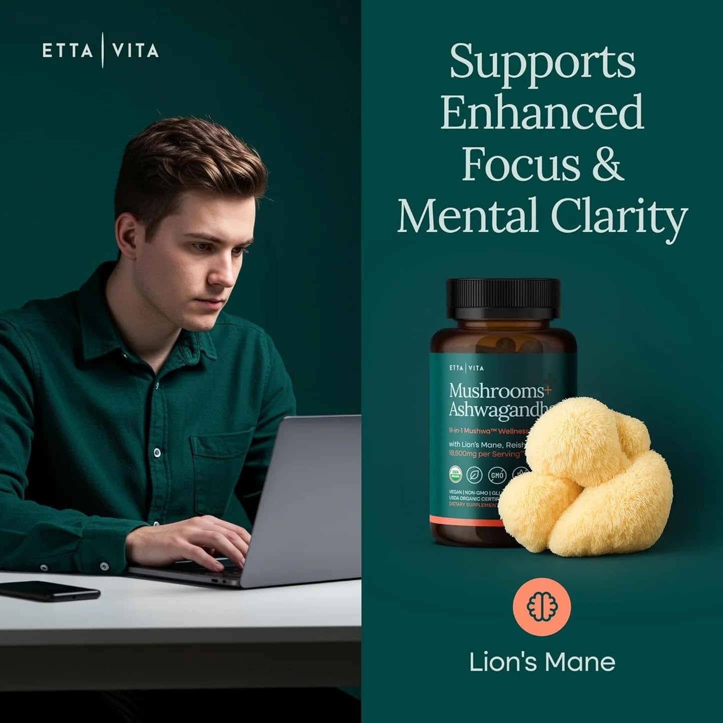 USDA Organic Lions Mane Supplement Capsules with Ashwagandha, Chaga, Reishi, Cordyceps, Turkey Tail (18,600mg/serv) 10x Adaptogenic Mushroom Complex as Focus Supplement - Energy, Immunity & Nootropic Etta Vita buy supplements canada