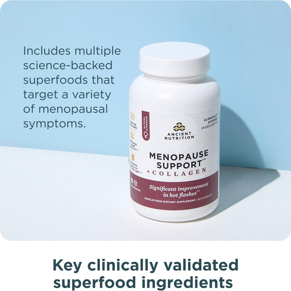 Ancient Nutrition Menopause Support + Collagen Supplement, Hydrolyzed Collagen Peptides, Key Clinically Validated Superfoods, Significant Improvement in Hot Flashes and Sleep Quality, 60 Capsules Ancient Nutrition buy supplements canada