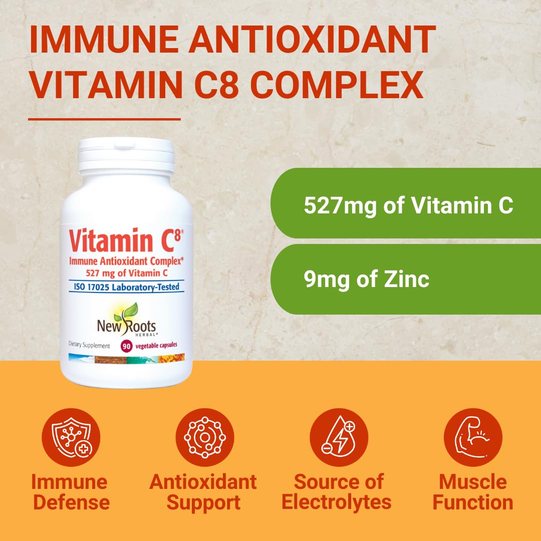 Vitamin C8 + Zinc Supplement for Higest Absorption (90 Capsules) | 527mg per Portion | 8 Buffered Sources of Vitamin C with Bioflavonoids, Green Tea & Quercetin for Stronger Defense | 3 months Supply NEW ROOTS HERBAL buy supplements canada