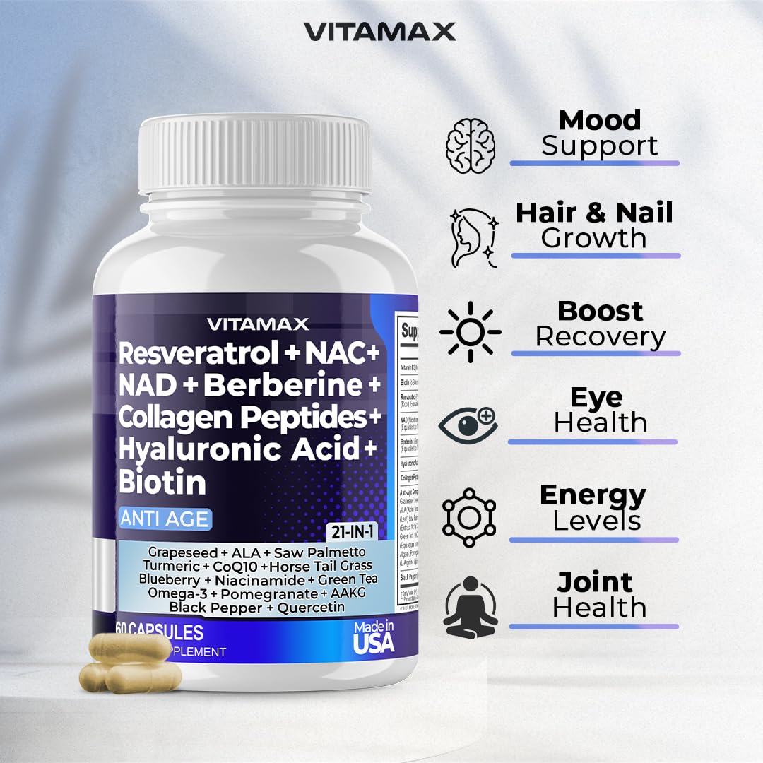 Resveratrol NAD+ Berberine Hyaluronic Acid - Biotin Grape & Blueberry + NAC - Collagen Peptides - Hair, Nail, Skin & Joint Supplement - 21-in-1 Women and Men Vitamax buy supplements canada