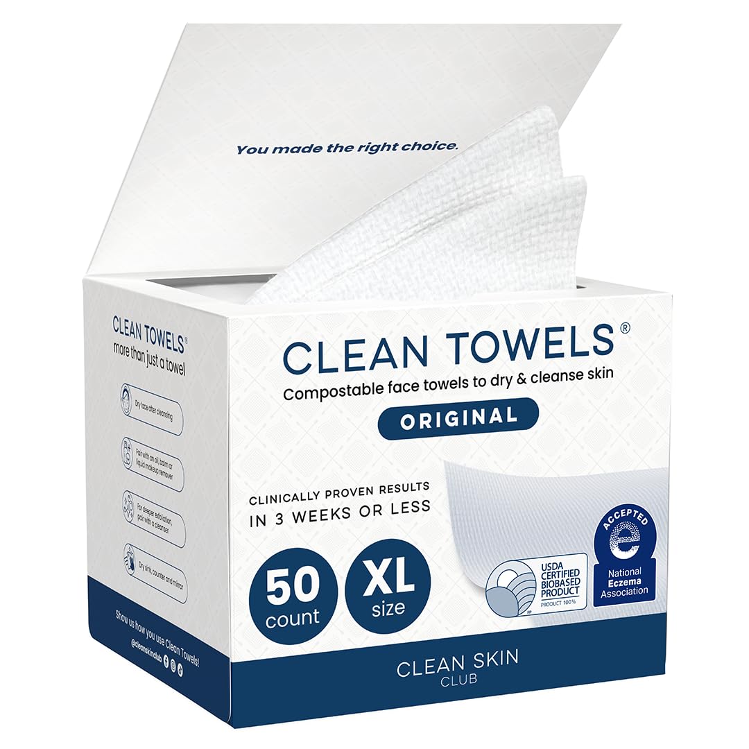 Clean Skin Club Clean Towels XL®, 100% USDA Biobased Face Towel, Disposable Face Towelette, Eczema Association Accepted, Makeup Remover Dry Wipes, Ultra Soft, 1 Pack, 50 Ct CLEAN SKIN CLUB buy supplements canada