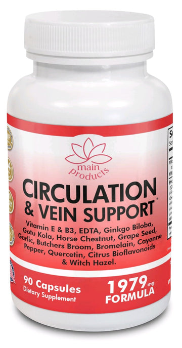 Circulation & Vein Support Supplement - Vitamins E & B3, Ginkgo Biloba, Horse Chestnut, Gotu Kola, Grape Seed, Butcher's Broom & Citrus Bioflavonoids - 1979 mg Formula - 90 Capsules - 30 Days Supply. Main Products buy supplements canada