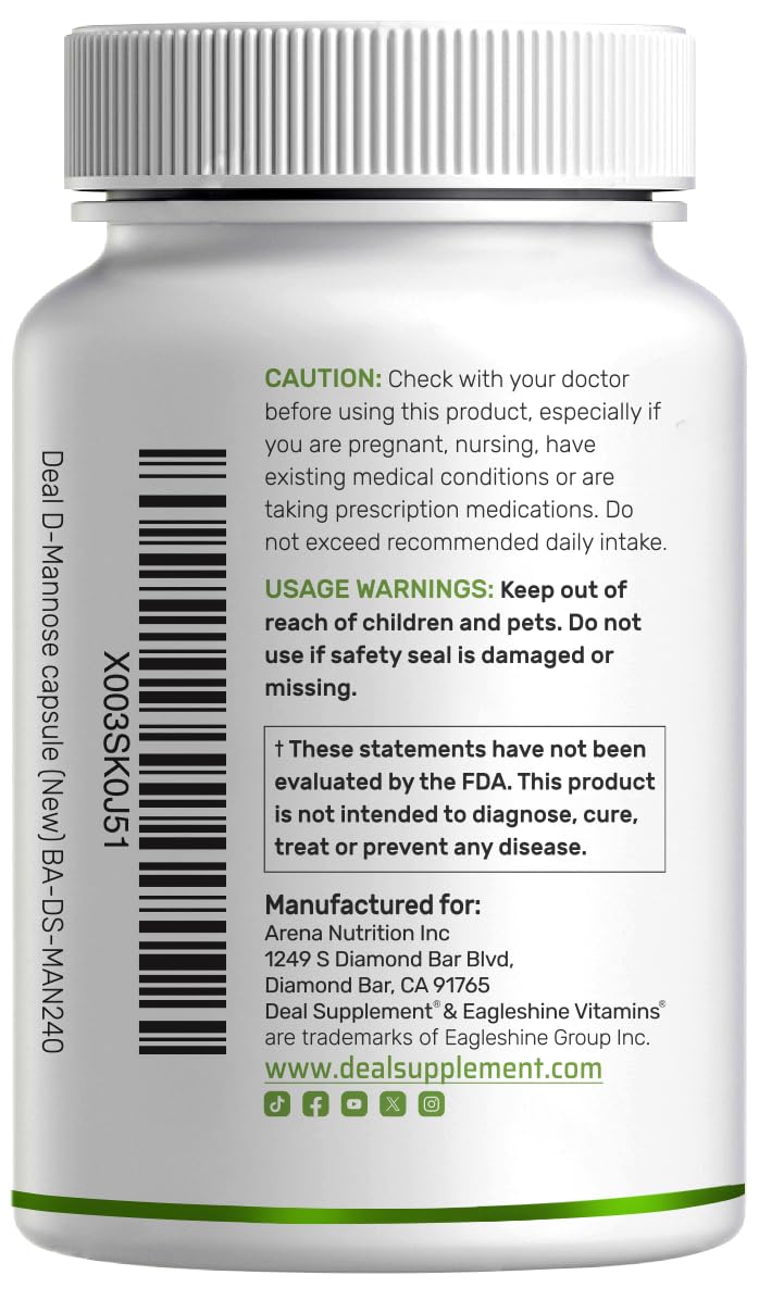 DEAL SUPPLEMENT D Mannose 500mg Capsules (2,000mg Per Serving), 240 Veggie Pills – Fast Acting Water-Soluble Form – Extra Strength Urinary Tract (UTI) Health Support – Non-GMO, Vegan Friendly DEAL SUPPLEMENT buy supplements canada