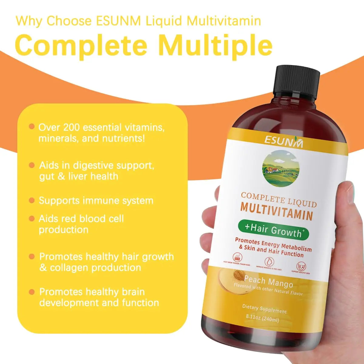 ESUNM Complete Liquid Multivitamin + Hair Growth, Promotes Energy Metabolism& Skin and Hair Function| Vitamin C D | B Vitamins | ESUNM buy supplements canada