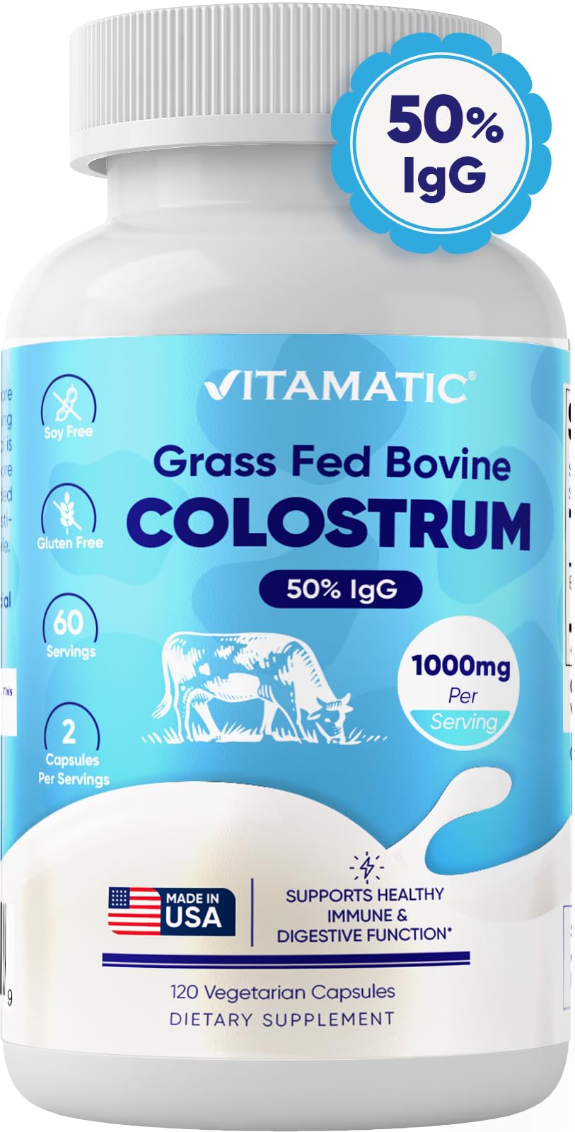 Vitamatic Bovine Colostrum Supplement 1000 mg per Serving - 50% Highest IgG - Supplement for Gut Health, Hair Growth, Beauty, Muscle Recovery, & Immune Support - 120 Capsules Vitamatic buy supplements canada