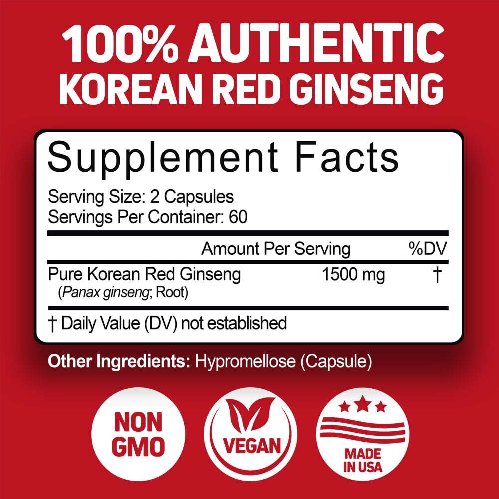 Herbtonics Korean Red Panax Ginseng 1500mg - Energy Supplement for Peak Performance, Focus & Vitality - High Potency Ginseng Root Extract - 240 Vegan Capsules Herbtonics buy supplements canada