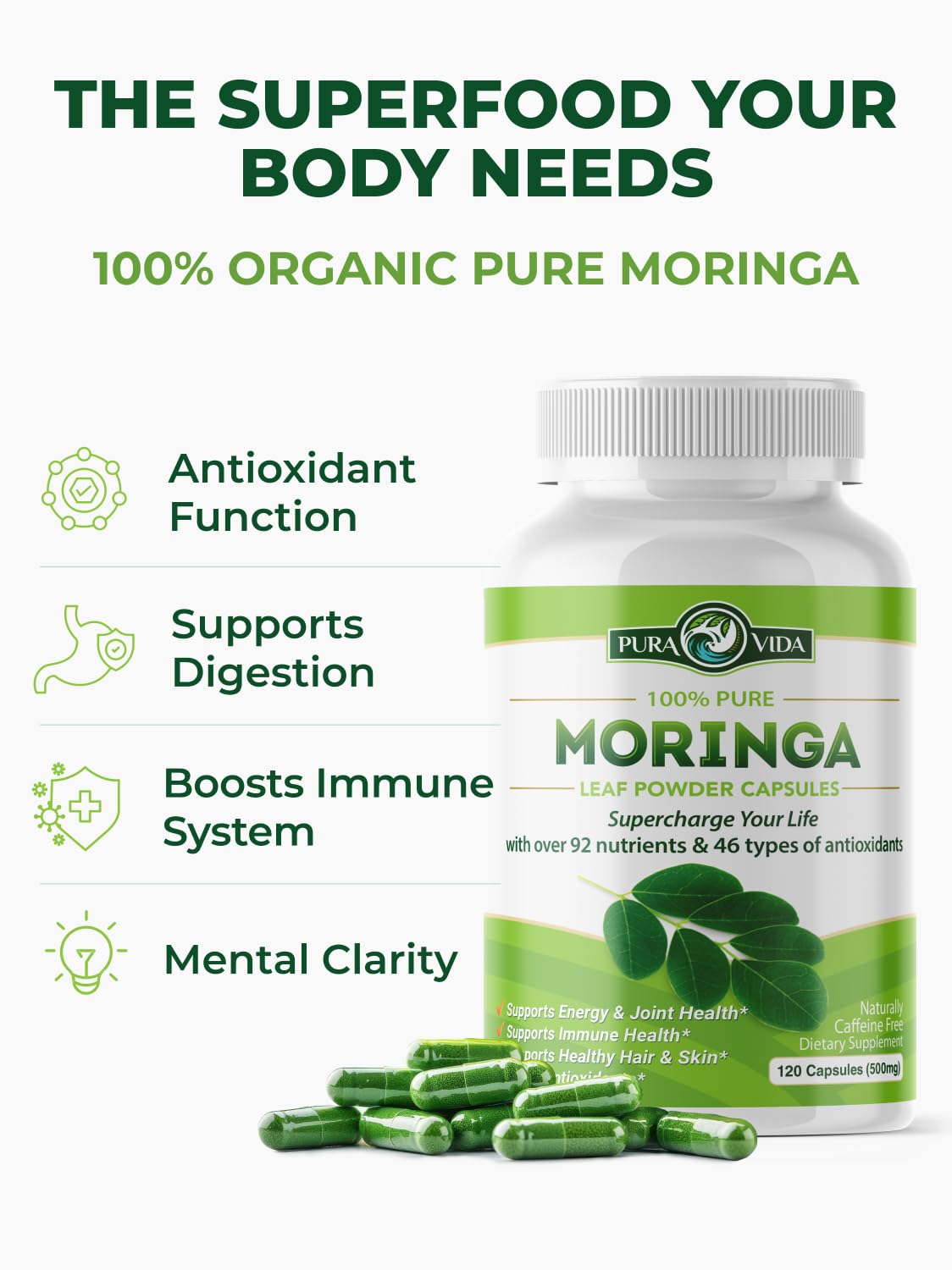 PURA VIDA MORINGA Organic Moringa Capsules, Pure Moringa Leaf Powder Single Origin for Energy, Metabolism & Immune Support Pura Vida Moringa buy supplements canada