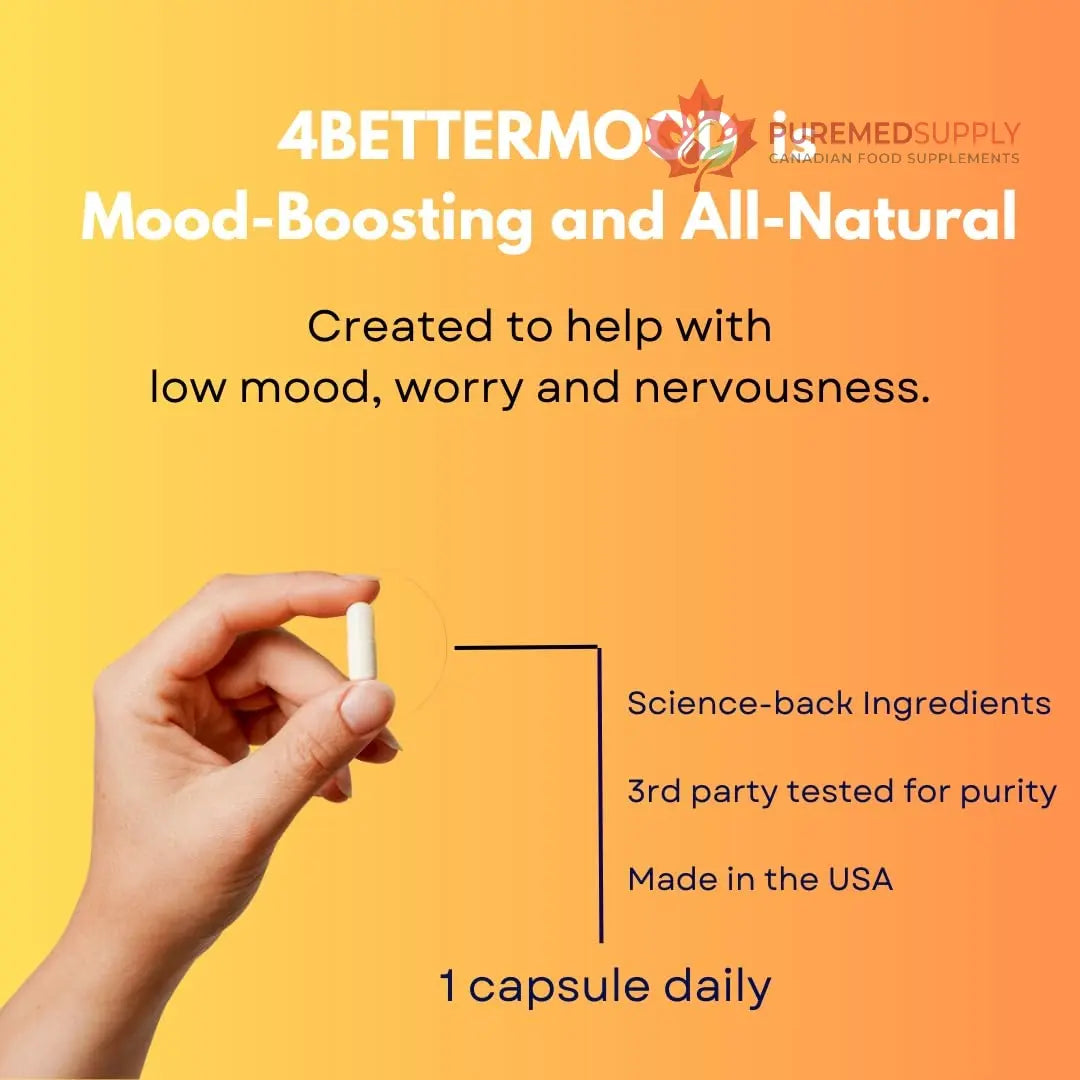 4BETTERMOOD Positivity & Stamina Capsule (30ct) Premium Mood Supplement - Enhance Mood & Promote Emotional Balance - Rhodiola, L-Theanine. Bocopa monnnieri, Velvet Bean, Skull Cap & Ashwaganda. 4BETTERMOOD Positivity & Stamina buy supplements canada