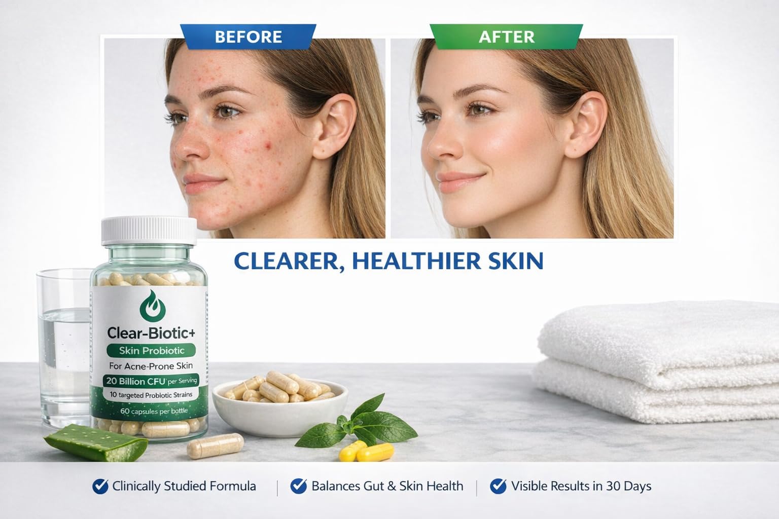 Acne Pills Probiotic Acne Supplements for Teens & Adults - Hormonal Acne Vitamins, Gut Health for Clear Skin, Non-GMO (60 Capsules) Gut Skin Axis Clear-Biotic buy supplements canada
