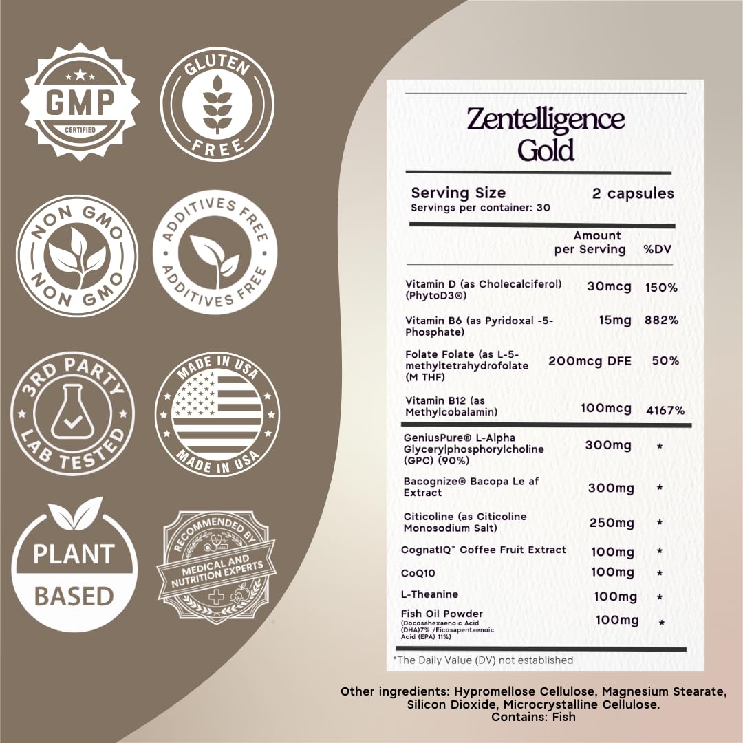 Zen Principle Zentelligence™ Gold Brain Supplement – Memory, Focus & Mental Clarity. Premium Cognitive Support for Adults 40+ with Magnesium, Vitamin D3, CoQ10, Vitamin B12 & L-Theanine. 60 Capsules Zen Principle buy supplements canada