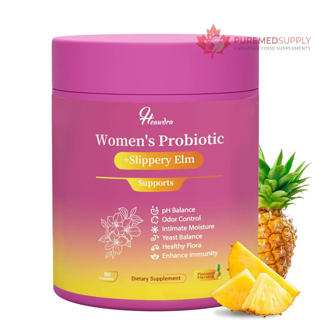 Her Juicy Women's Probiotic Gummies: Supports Women’s Wellness & pH Balance, Clean Vegan, Pineapple Flavor, Prebiotics & Lactobacillus Blend, with Slippery Elm, Gut Health & Immune Defense, 60 Gummies Heawdra buy supplements canada