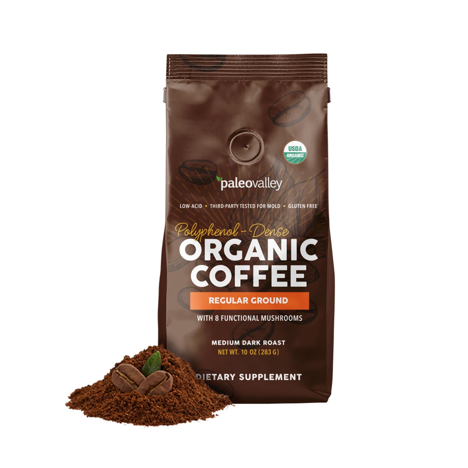 Paleovalley Organic Ground Coffee, 10oz - Regular, Low Acid, Single-Origin, Polyphenol-Rich, Infused with Mushrooms Paleovalley buy supplements canada