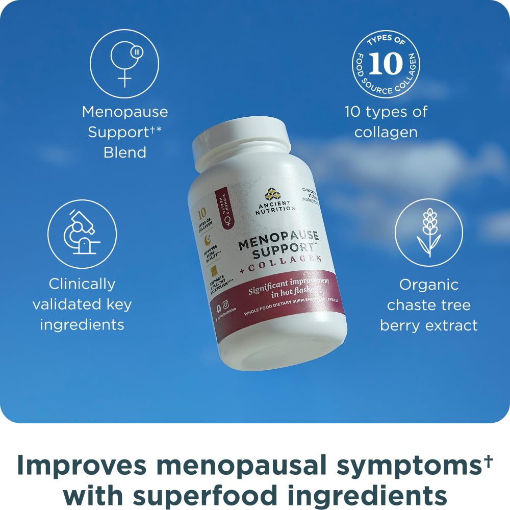 Ancient Nutrition Menopause Support + Collagen Supplement, Hydrolyzed Collagen Peptides, Key Clinically Validated Superfoods, Significant Improvement in Hot Flashes and Sleep Quality, 60 Capsules Ancient Nutrition buy supplements canada