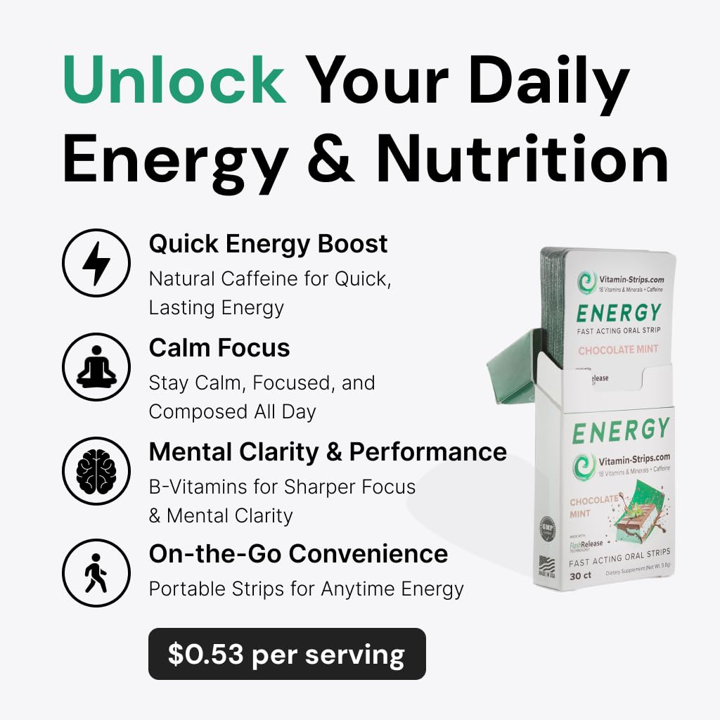 Peak Performance Energy Strips — Vegan, Gluten Free, Soy Free & Sugar-Free Breath Strips w/Caffeine, 18 Vitamins & Minerals — Instant Energy Boost Chocolate Mint Dietary Supplement — 30 Oral Strips Vitamin-Strips buy supplements canada