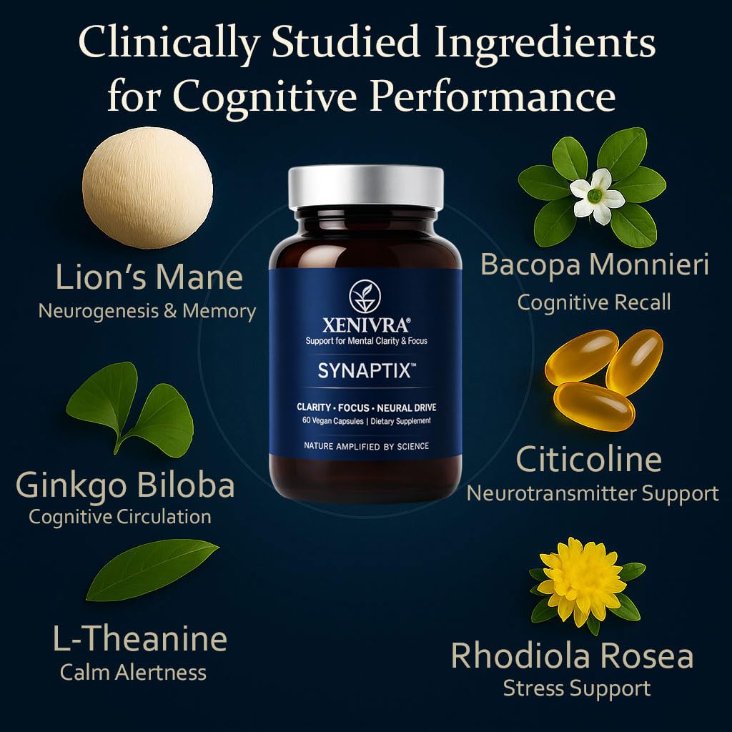 Xenivra Synaptix™ Natural Nootropic Brain Supplement | Herbal Memory & Focus Pills with Citicoline, L-Theanine, Lion’s Mane, Bacopa & Rhodiola | Mental Clarity & Brain Fog Support | 60 Vegan Capsules XENIVRA NATURE, AMPLIFIED BY SCIENCE buy supplements canada