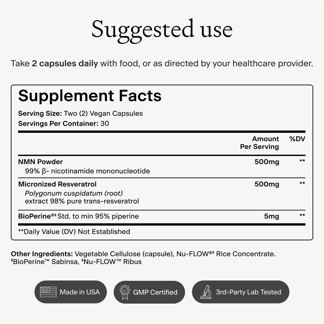 OMRE NMN + Resveratrol Supplement 99% Purity for Cellular Energy, NAD+ Boost | Highly Bioavailable Nicotinamide Mononucleotide Supplement Resveratrol 500mg & NMN 500mg, Made in USA, 60 Capsules OMRE buy supplements canada