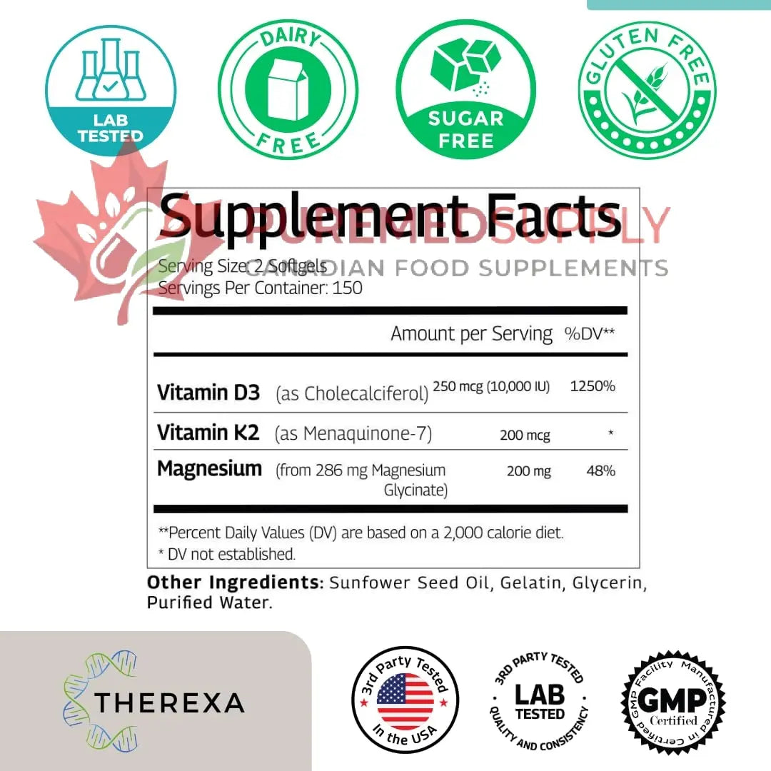 THEREXA Vitamin D3 K2 Magnesium Supplement - Extra Strength with 10000 IU Vitamin D3, Magnesium Glycinate and 200 mcg K2 MK-7 Vitamin Supplements Complex, for Women & Men - 300 Softgels THEREXA buy supplements canada