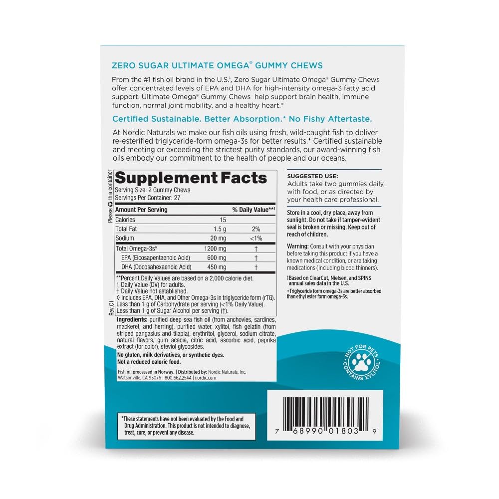 Nordic Naturals Zero Sugar Ultimate Omega Gummy Chews - Tropical Fruit - 54 Gummy Chews - Non GMO - Optimal Wellness - 27 Servings Nordic Naturals buy supplements canada