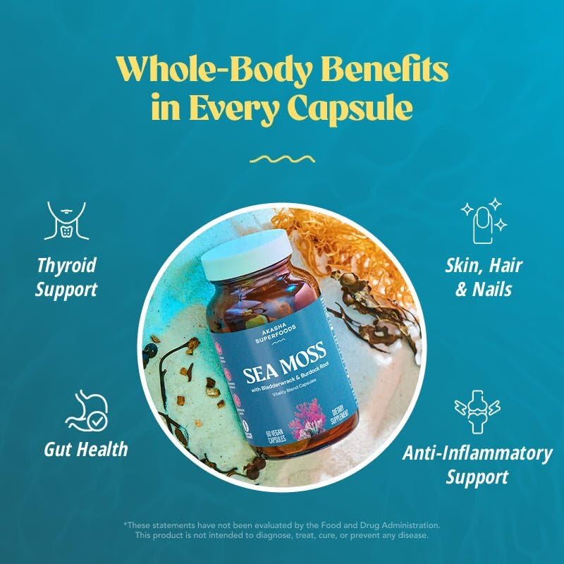 Akasha Superfoods Sea Moss Capsules, Organic Irish Moss with Bladderwrack Root, Burdock Root, and BioPerine, Skin, Thyroid, Digestion & Immunity Support for Women & Men, Gluten Free, Vegan, 60 Count Akasha Superfoods buy supplements canada