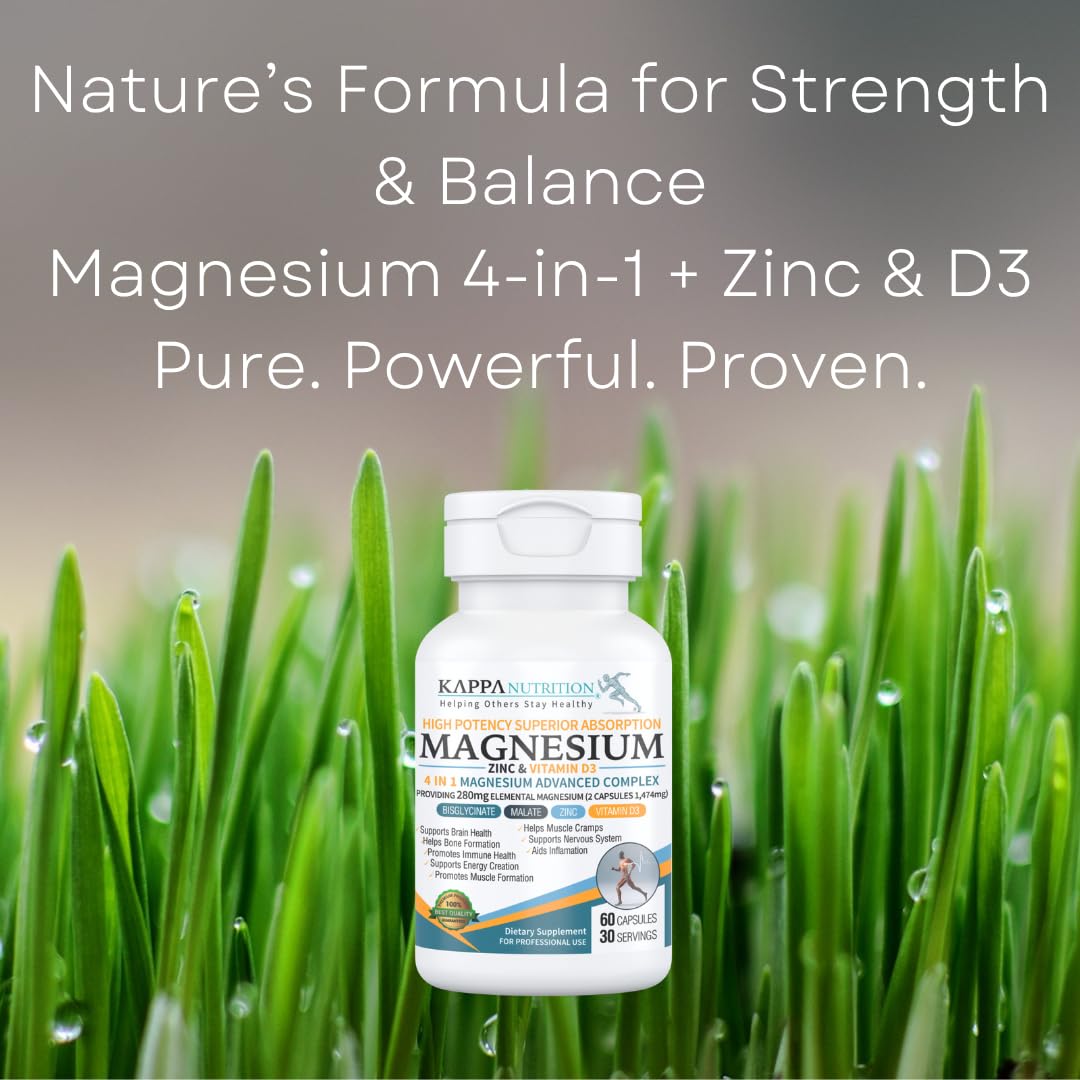 Kappa Nutrition Magnesium 4-in-1, 280mg Elemental Magnesium (Bisglycinate, Malate) + Zinc & Vitamin D3, Brain, Sleep, Energy, Muscle, Immune Support, 60 Vegan Capsules. KAPPA NUTRITION buy supplements canada