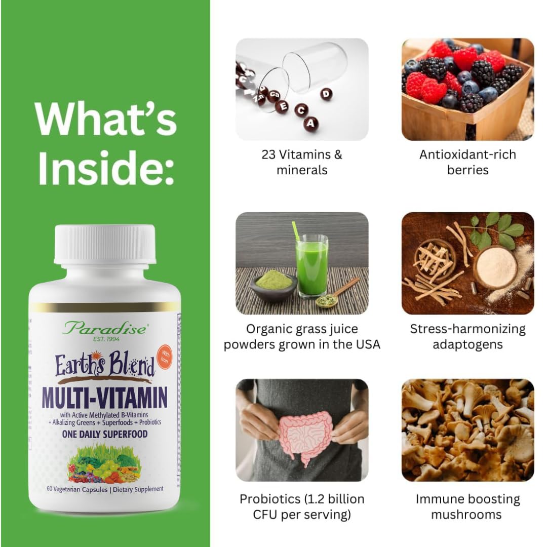 Paradise Herbs Earth's Blend Once Daily Multivitamin with Iron, 48 Organic Superfoods, Probiotics, Antioxidants, Vitamins A, B12, C, D, K2, 60 Capsules Paradise Herbs buy supplements canada