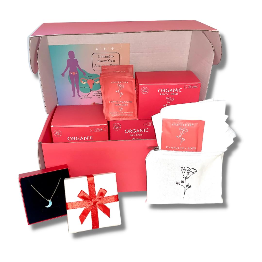 Organic 77 PC Period Kit Moon Box for Teens and Tweens - Organic Cotton Top Sheet Feminine Pads APOPPYCARY buy supplements canada