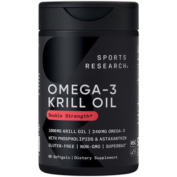 Sports Research® Omega-3 Krill Oil 1000mg - Pure Antarctic Superba Krill with Phospholipids, Choline & Astaxanthin - MSC Certified Sustainable · Non-GMO · Gluten Free - 60 Softgels Sports Research buy supplements canada