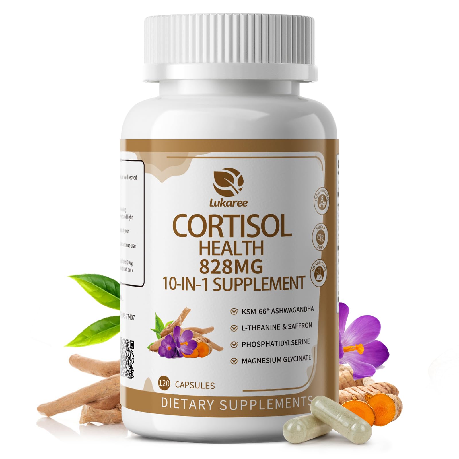 10-IN-1 Cortisol Supplements w/ KSM-66® Ashwagandha 300mg + L-Theanine 250mg, Magnesium Glycinate, Saffron, Phosphatidylserine, Turmeric & Vitamin C D3 B6 B5, For Women Men, 120 Capsules 60-Day Supply Lukaree buy supplements canada