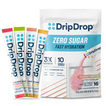 DripDrop Sugar Free Hydration Packets - Zero Classic Variety Pack - Single Serve Electrolytes Powder Drink Mix - Lemon Lime, Watermelon, Peach, Passion Fruit DripDrop buy supplements canada