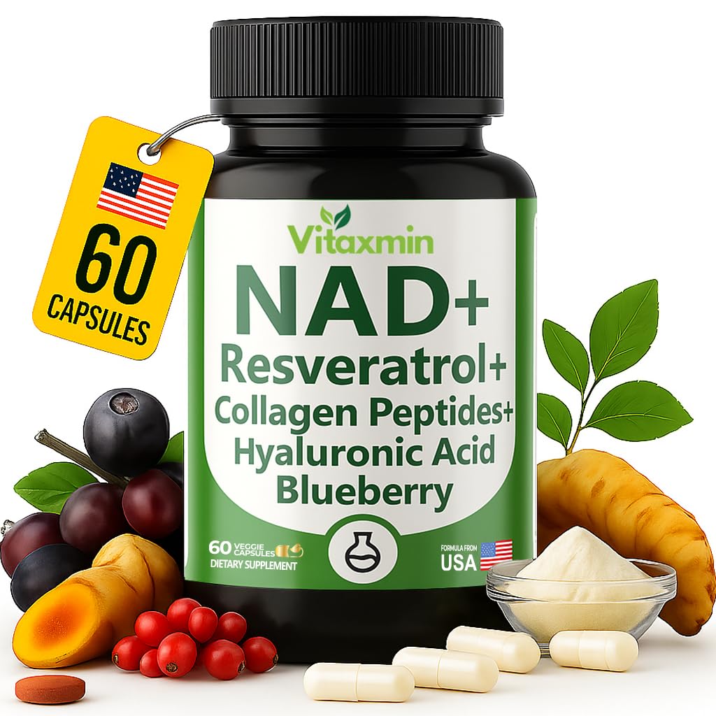 vitaxmin NAD Resveratrol Supplement 200mg with Berberine NAC Collagen - Nicotinamide Riboside NMN NADH CoQ10 Biotin Hyaluronic Acid - Hair Skin Nails Supplement - 60 Capsules vitaxmin buy supplements canada