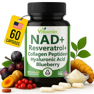 vitaxmin NAD Resveratrol Supplement 200mg with Berberine NAC Collagen - Nicotinamide Riboside NMN NADH CoQ10 Biotin Hyaluronic Acid - Hair Skin Nails Supplement - 60 Capsules vitaxmin buy supplements canada