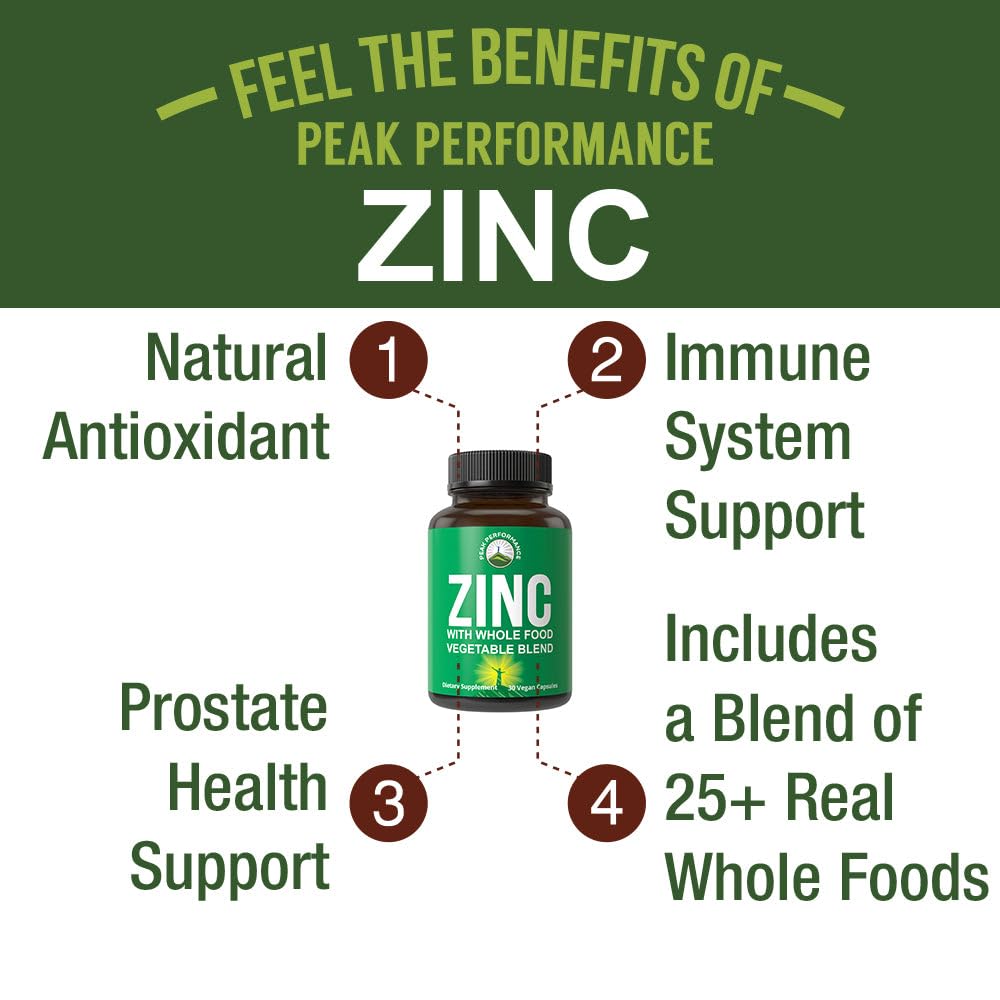 Vegan Zinc Supplement with Vitamin C + Whole Food Blend of 25 Vegetables and Fruits for Max Absorption. Zinc Supplements 30mg Capsules, Pills, Tablets, Vitamins for Adults Both Men and Women Peak Performance buy supplements canada
