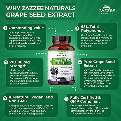 Zazzee High Strength Grape Seed 50:1 Extract, 20,000 mg Strength, 180 Vegan Capsules Zazzee buy supplements canada