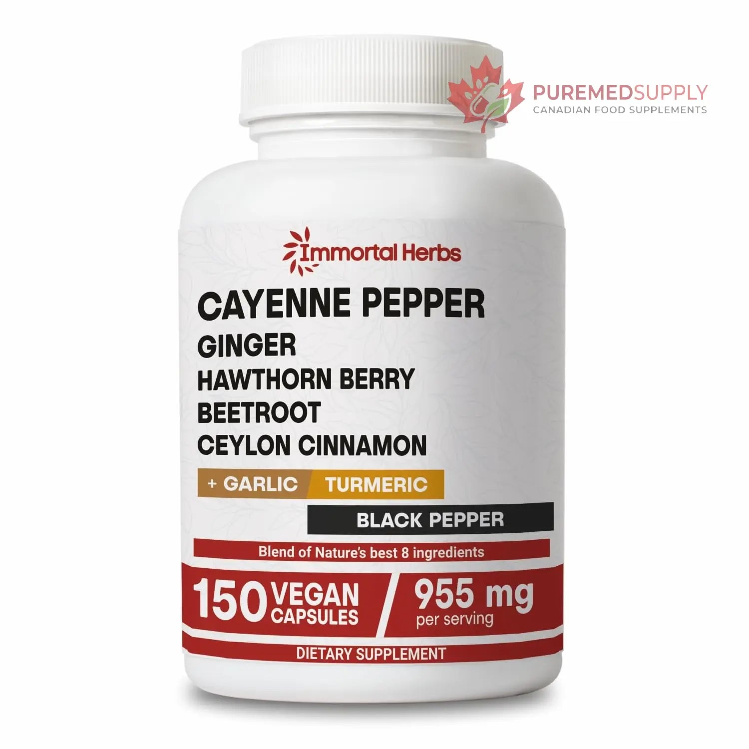 Immortal Herbs Cayenne Pepper Capsules w/Garlic, Ginger, Hawthorn, Turmeric, Cinnamon, Beet Root and Black Pepper Extract, 150 Cayenne Capsules, Non-GMO & Gluten Free Capsaicin Supplement Immortal Herbs buy supplements canada