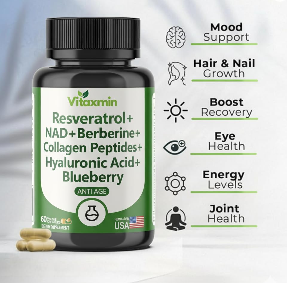vitaxmin NAD Resveratrol Supplement 200mg with Berberine NAC Collagen - Nicotinamide Riboside NMN NADH CoQ10 Biotin Hyaluronic Acid - Hair Skin Nails Supplement - 60 Capsules vitaxmin buy supplements canada