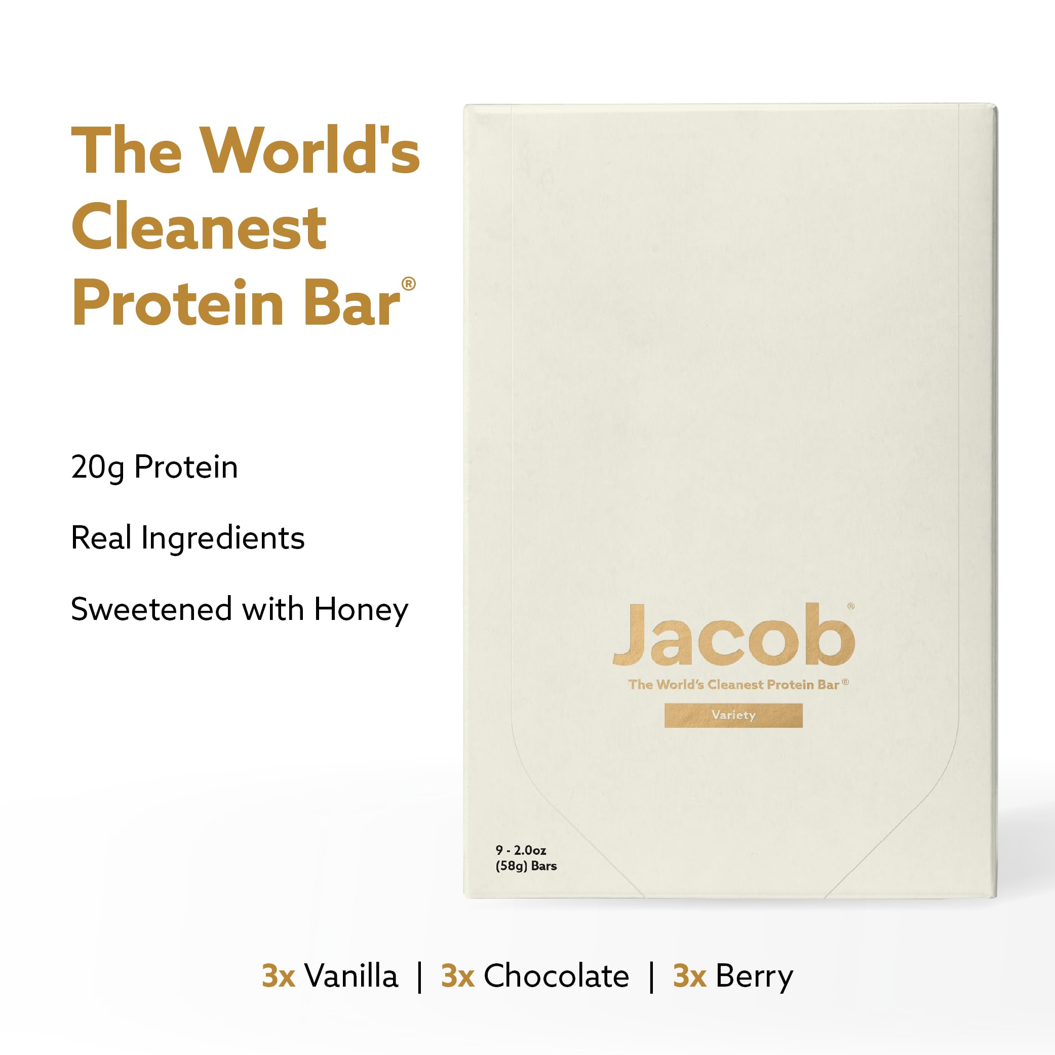 Jacob Bar, Protein Bars, Variety Pack (9 Bars Total) Contains 3 of Each; Chocolate, Vanilla, Berry - 20g Grass-Fed Protein, No Seed Oils, Nothing Artificial Jacob buy supplements canada