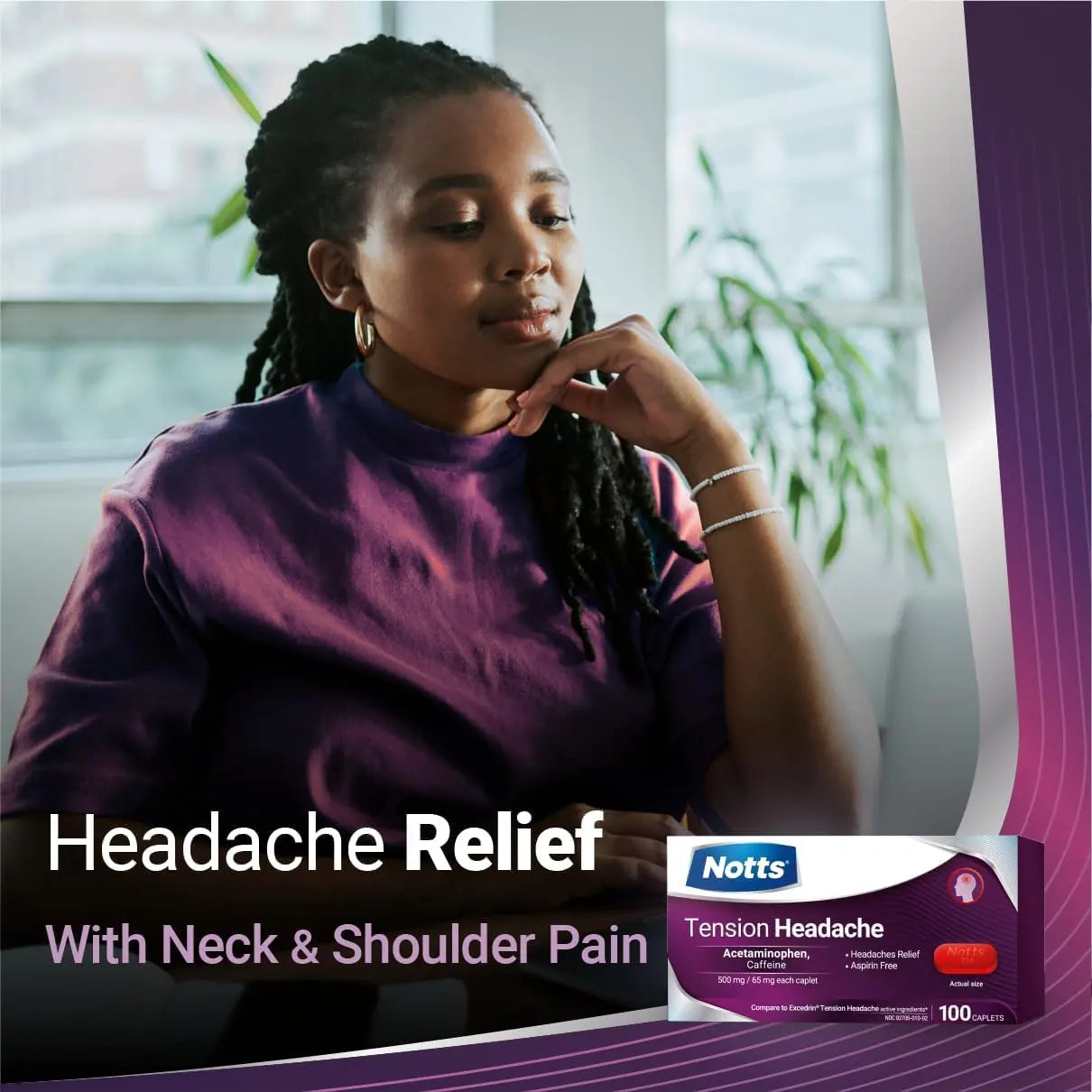 NOTTS Tension Headache Relief Without Aspirin for Head, Neck & Shoulder Pain - 100 Count, Acetaminophen 500 mg Caffeine 65 mg Caplets, for Aches Caused by Tension and Stress. Headache Relief caplets NOTTS buy supplements canada