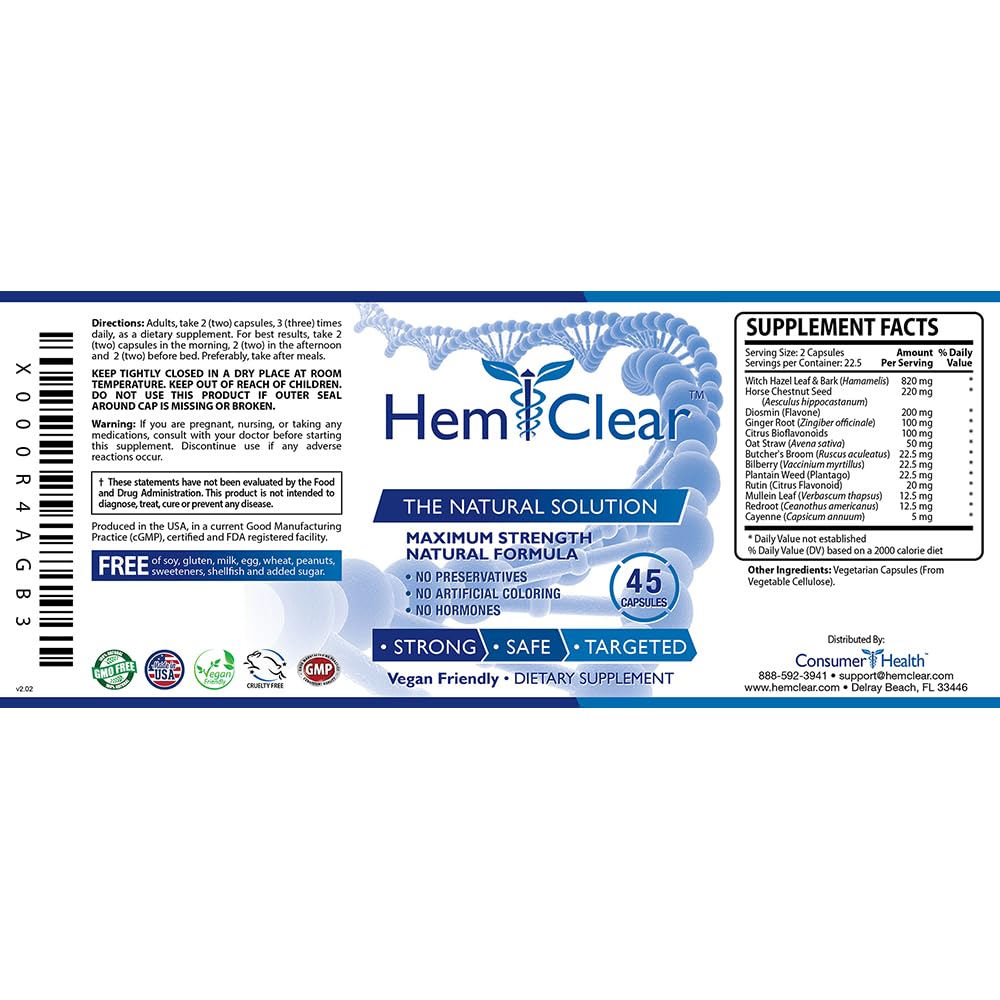 HemClear for Hemorrhoids - Vegan Formula for Hemorrhoid Relief & Vascular Health - Maximum Strength 2 Bottle 90 Capsules Hemclear buy supplements canada