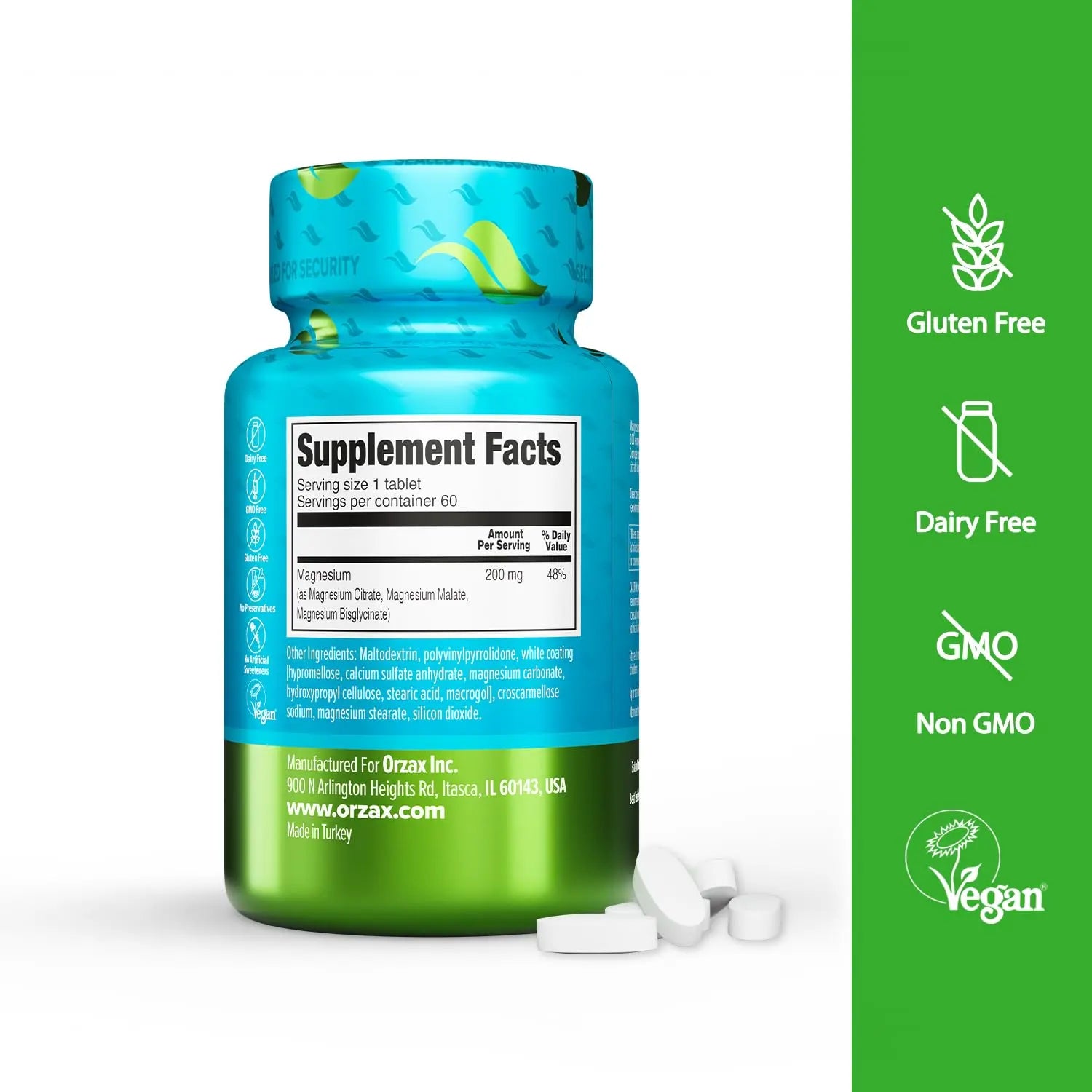 ORZAX Magnesium Triple Complex | Magnesium Glycinate, Citrate, Malate | Vegan, Gluten Free, Dairy Free, Halal | 200 mg of Triple Complex Magnesium for Muscles & Energy for Women and Men | 60 Tablets ORZAX buy supplements canada