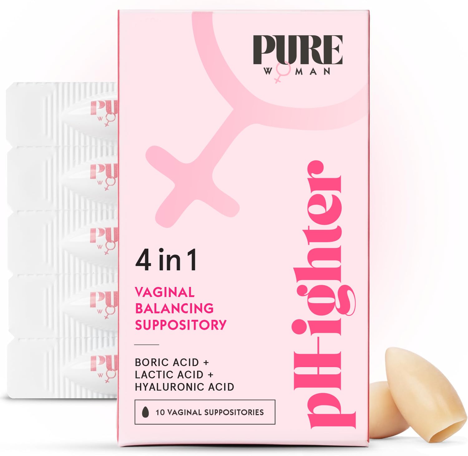 PURE WOMAN - pH-ighter Vaginal Boric Acid Suppositories for Women - Hyaluronic Acid - 4 in 1 Vaginal Suppositories for Discomfort, Dryness, Odor & pH Balance- Full Vaginal Health Care - 10ct PURE WOMAN buy supplements canada