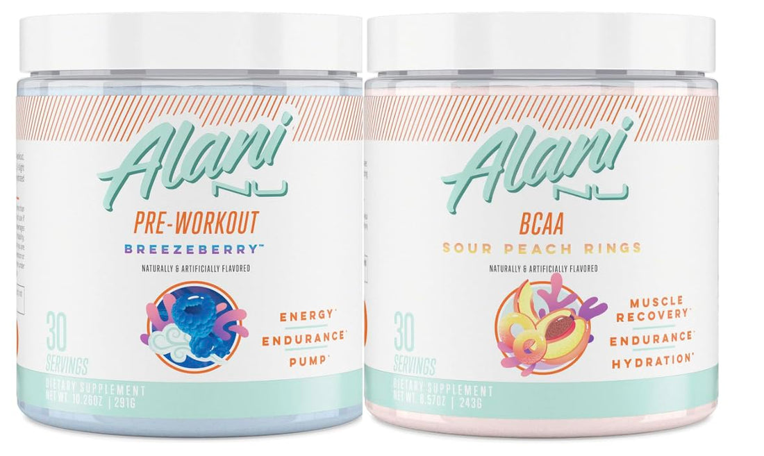 Alani Nu Breezeberry Pre Workout and BCAA Sour Peach Rings Post Workout Powder Alani Nu buy supplements canada