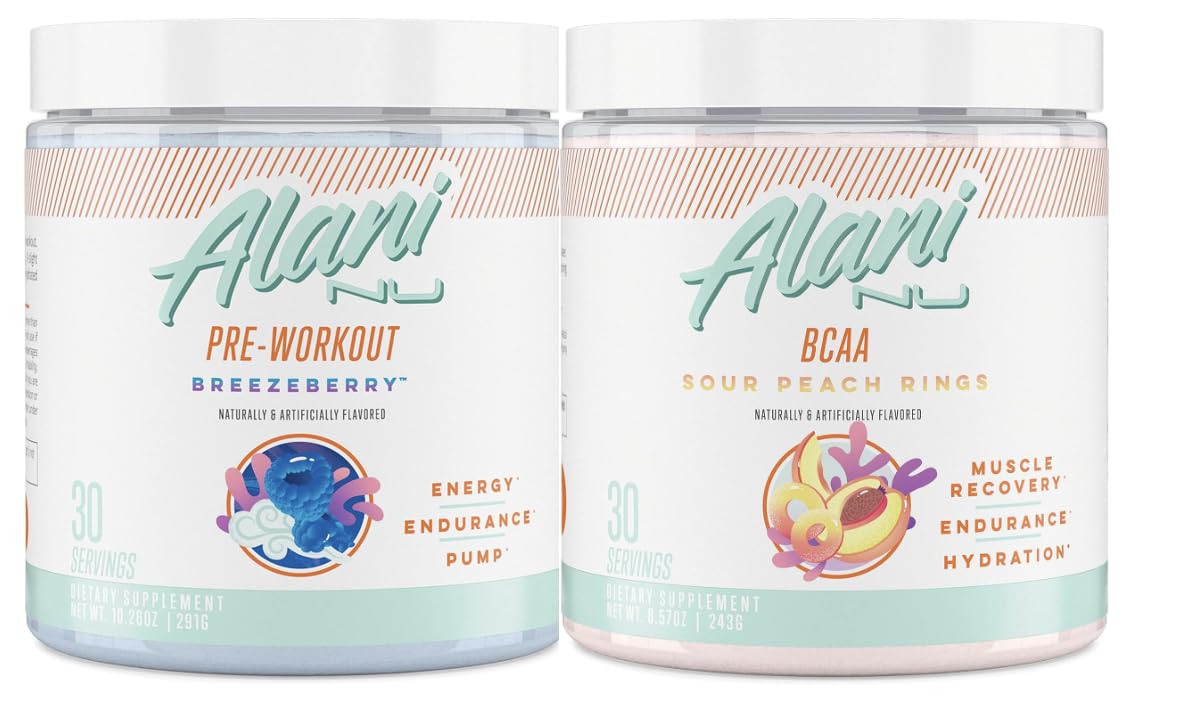 Alani Nu Breezeberry Pre Workout and BCAA Sour Peach Rings Post Workout Powder Alani Nu buy supplements canada