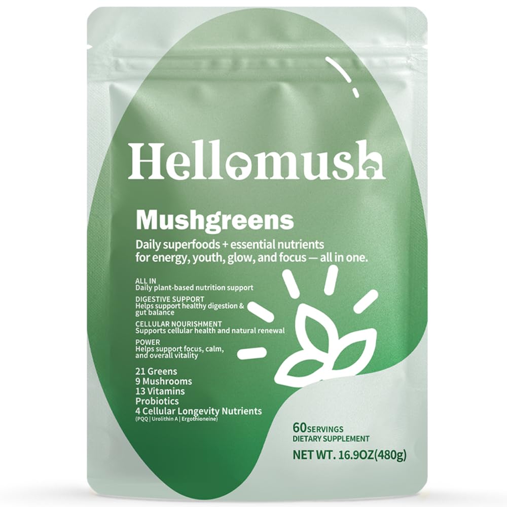 Hellomush Super Greens Powder Superfood, Daily Green Powder Supplement with Probiotics Drink Mix for Men & Women, Blend of Greens, Mushrooms, Vitamins, Probiotics and Cellular Nutrients Hellomush buy supplements canada