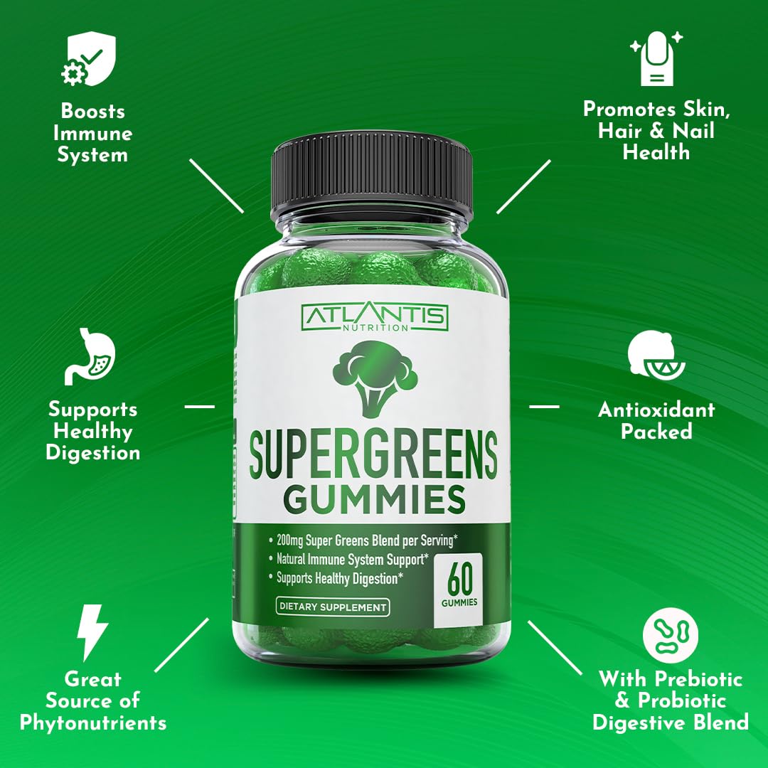 Atlantis Nutrition Supergreens Gummies - Daily Green Superfoods Supplement with Spinach, Broccoli, Moringa, Beet Root, Celery, Green Tea, & Acai for Immunity Support - Natural Raspberry Flavor, 60 cnt Atlantis Nutrition buy supplements canada