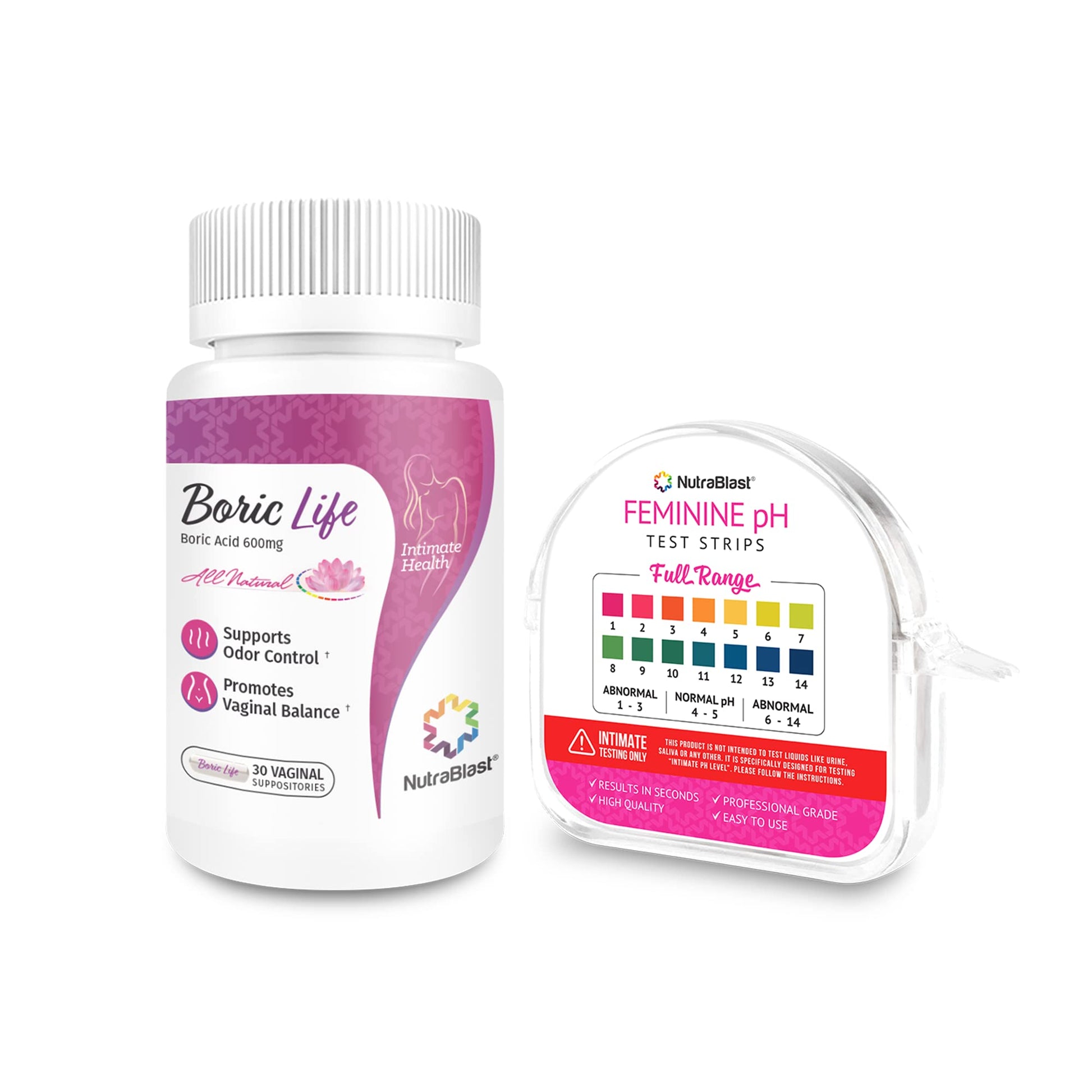 NutraBlast Boric Acid Vaginal Suppositories 600mg (30 Count) & Feminine pH Test Strips 1-14 (100-Tests Roll) | Monitor Feminine Intimate Health | Acidity & Alkalinity Balance NutraBlast buy supplements canada